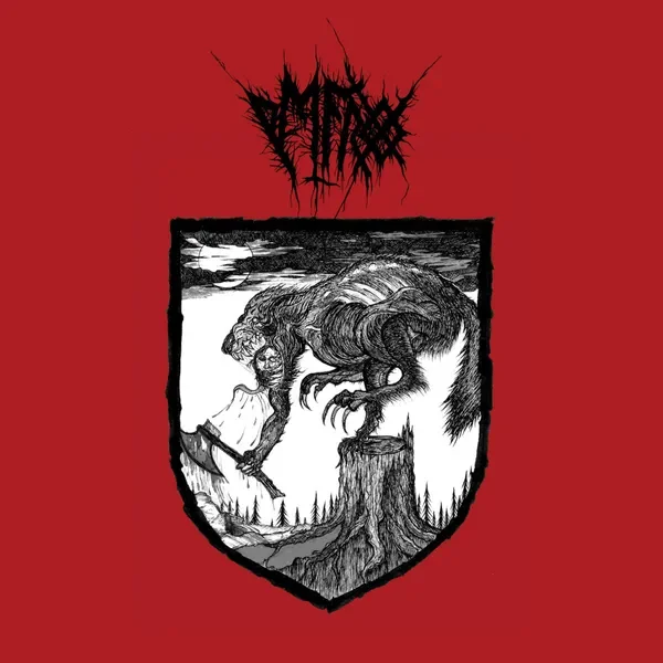 Hæðen War Metal cover: a werewolf rising over an axe-bearing figure in a heraldic shield on a red field
